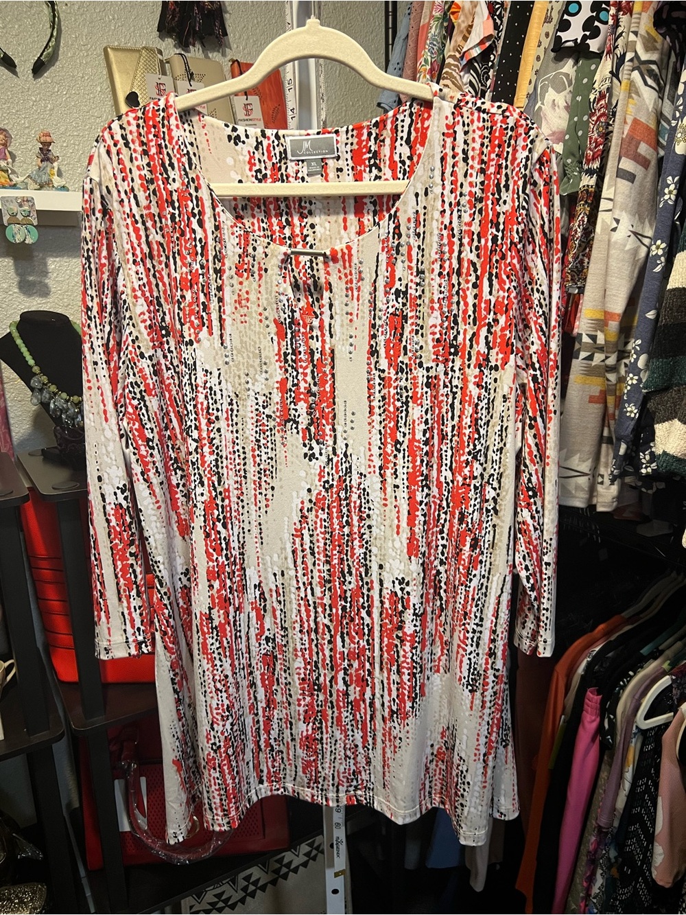JM Collection Red White Black Printed Long Sleeve Tunic